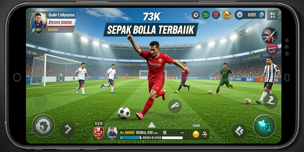 Screenshot gameplay 73K menampilkan aksi seru di lapangan sepak bola.