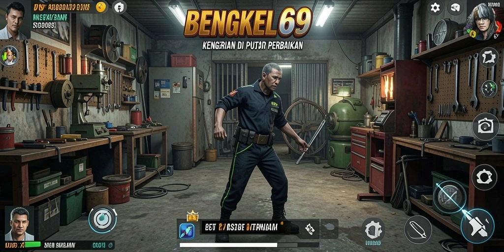 Screenshot gameplay BENGKEL69 dengan suasana horor yang mencekam.