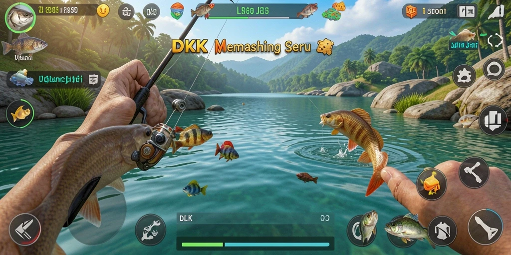 Tampilan gameplay DKK yang menawan saat memancing di danau.