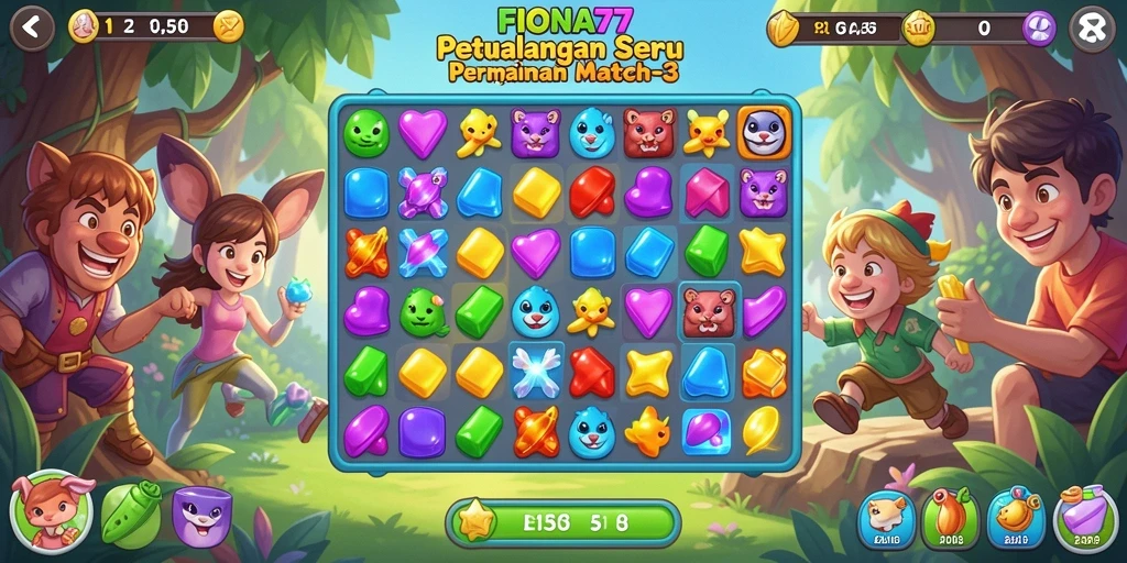 Screenshot utama FIONA77 menampilkan gameplay Match-3 yang seru dan penuh warna.