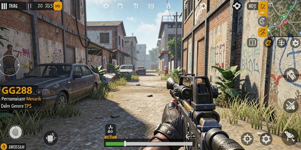 Screenshot gameplay GG288 menampilkan aksi tembak-menembak TPS yang intens.