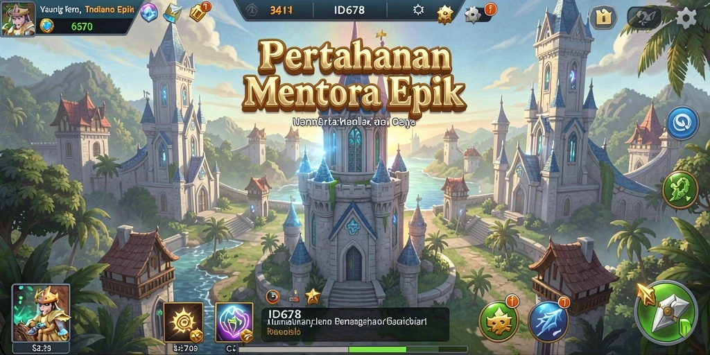 Screenshot menunjukkan pengaturan menara dalam gameplay Tower Defense yang strategis.