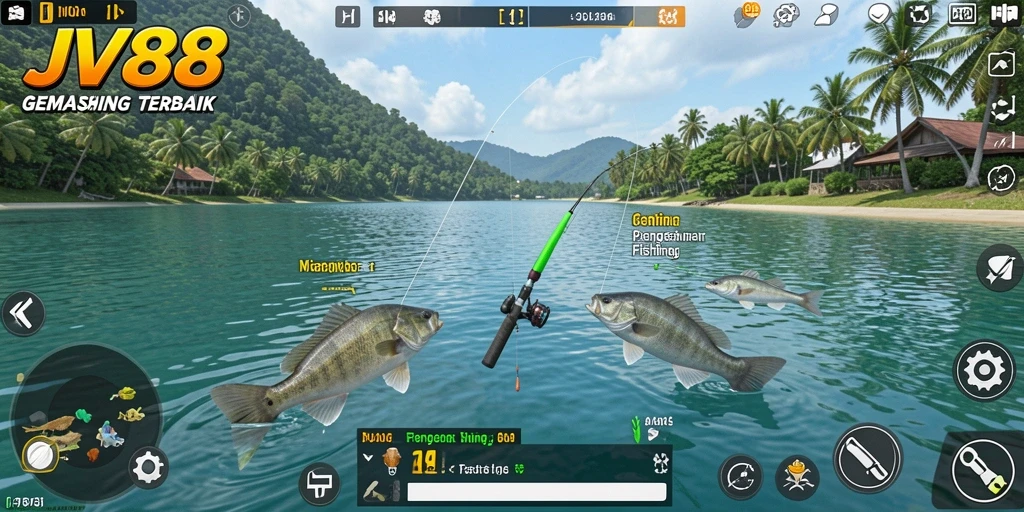 Tampilan gameplay JV88 menunjukkan momen seru saat memancing.