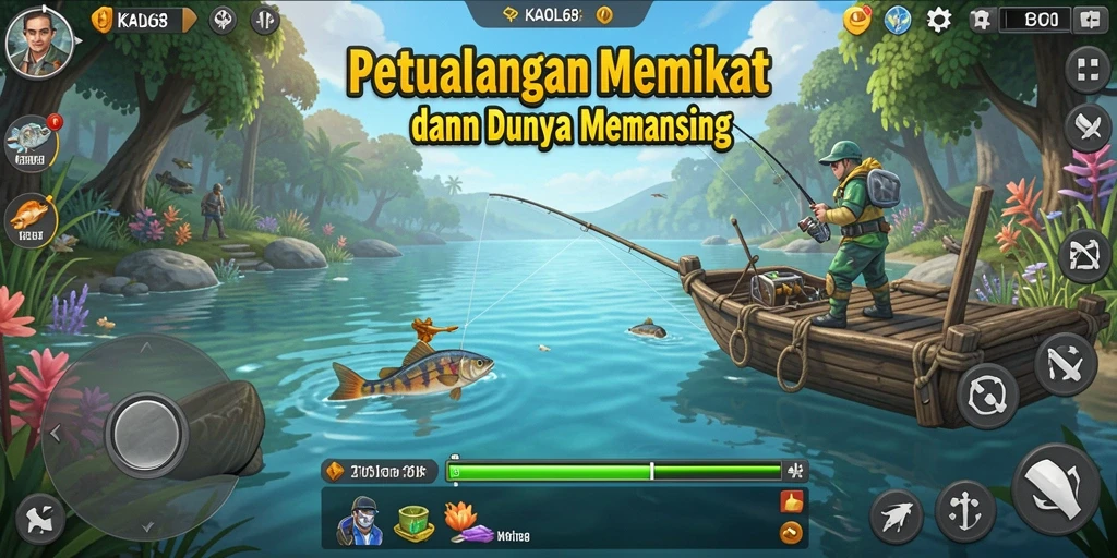 Tampilan gameplay KAOL68 dengan berbagai aktivitas memancing yang mendebarkan.