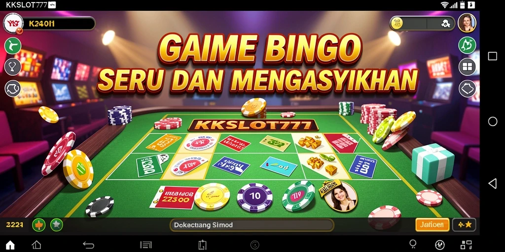 Screenshot gameplay KKSLOT777 yang menunjukkan kartu Bingo yang penuh warna dan suasana permainan.
