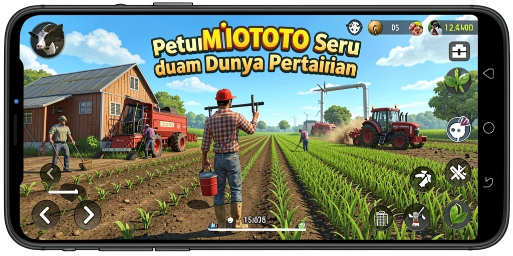 Tampilan menarik gameplay pertanian MIOTOTO dengan berbagai tanaman dan hewan.