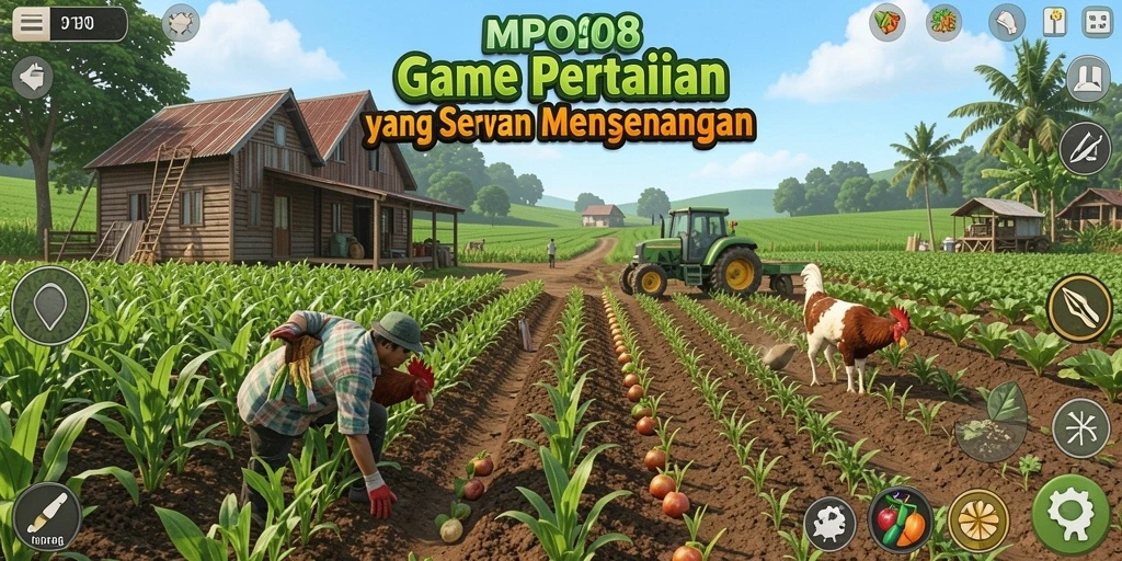 Screenshot game MPO08 yang menunjukkan aktivitas bertani yang seru.