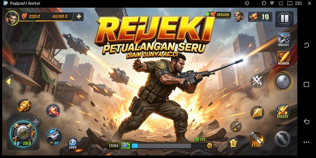 Screenshot utama menunjukkan aksi seru dalam REJEKI.