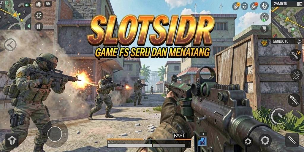 Screenshot utama SLOTSIDR dengan aksi tembak-menembak seru.