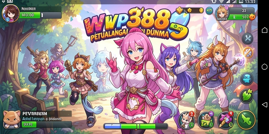 Tampilan gameplay WP888 dengan karakter anime dan dunia yang vibrant.